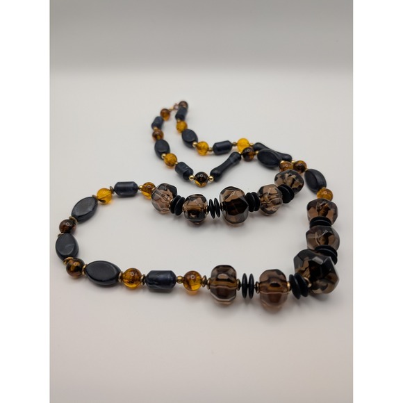 Vintage Amber Brown Black Beaded Necklace Costume Statement Jewelry - Picture 1 of 7